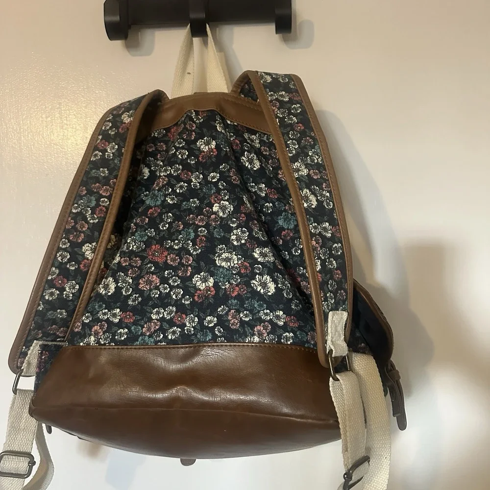 Vintage Y2K MUDD Canvas Floral Print Boho Backpack Satchel Bag‎ w/Leather Trim